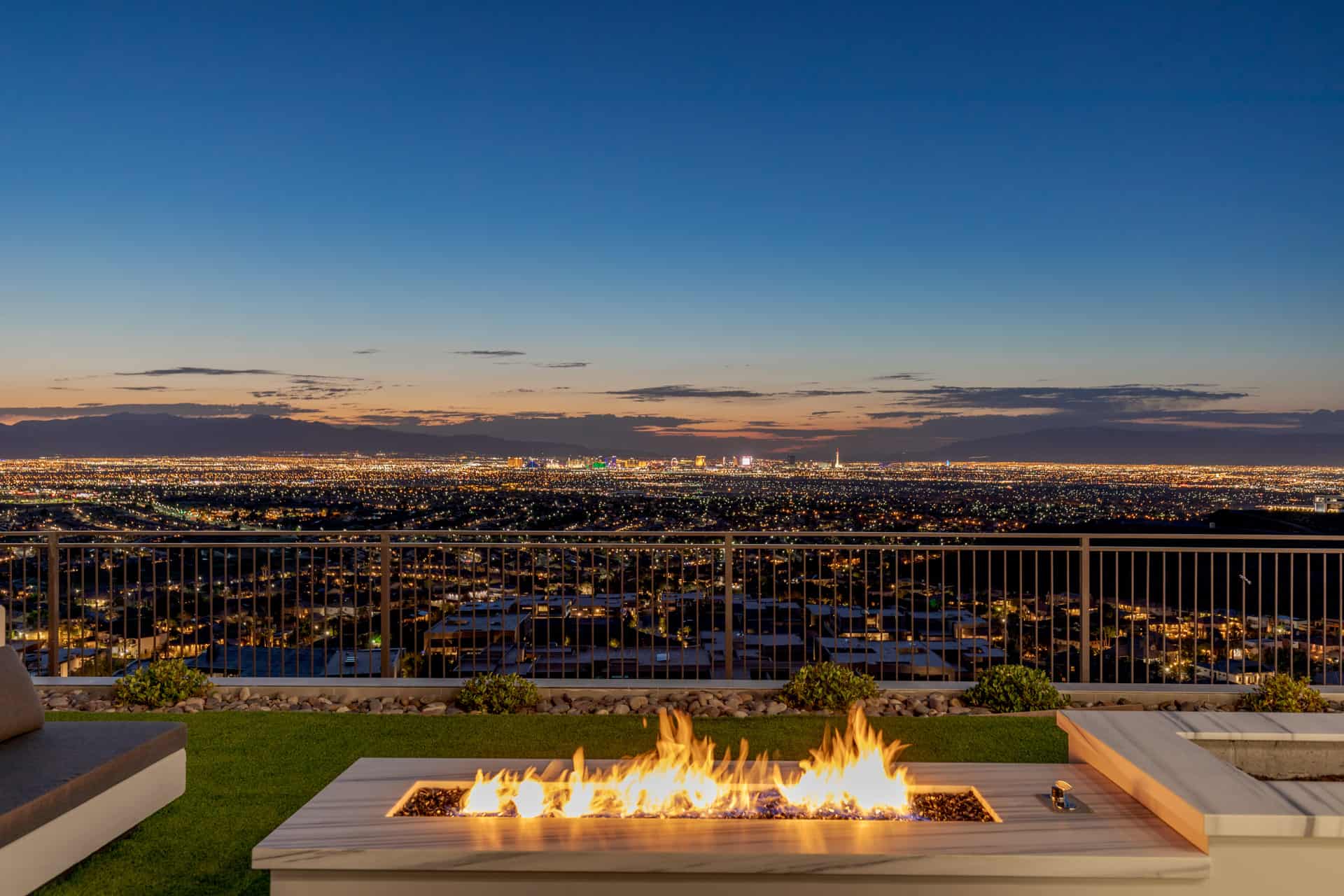 fireplace with las vegas strip in background