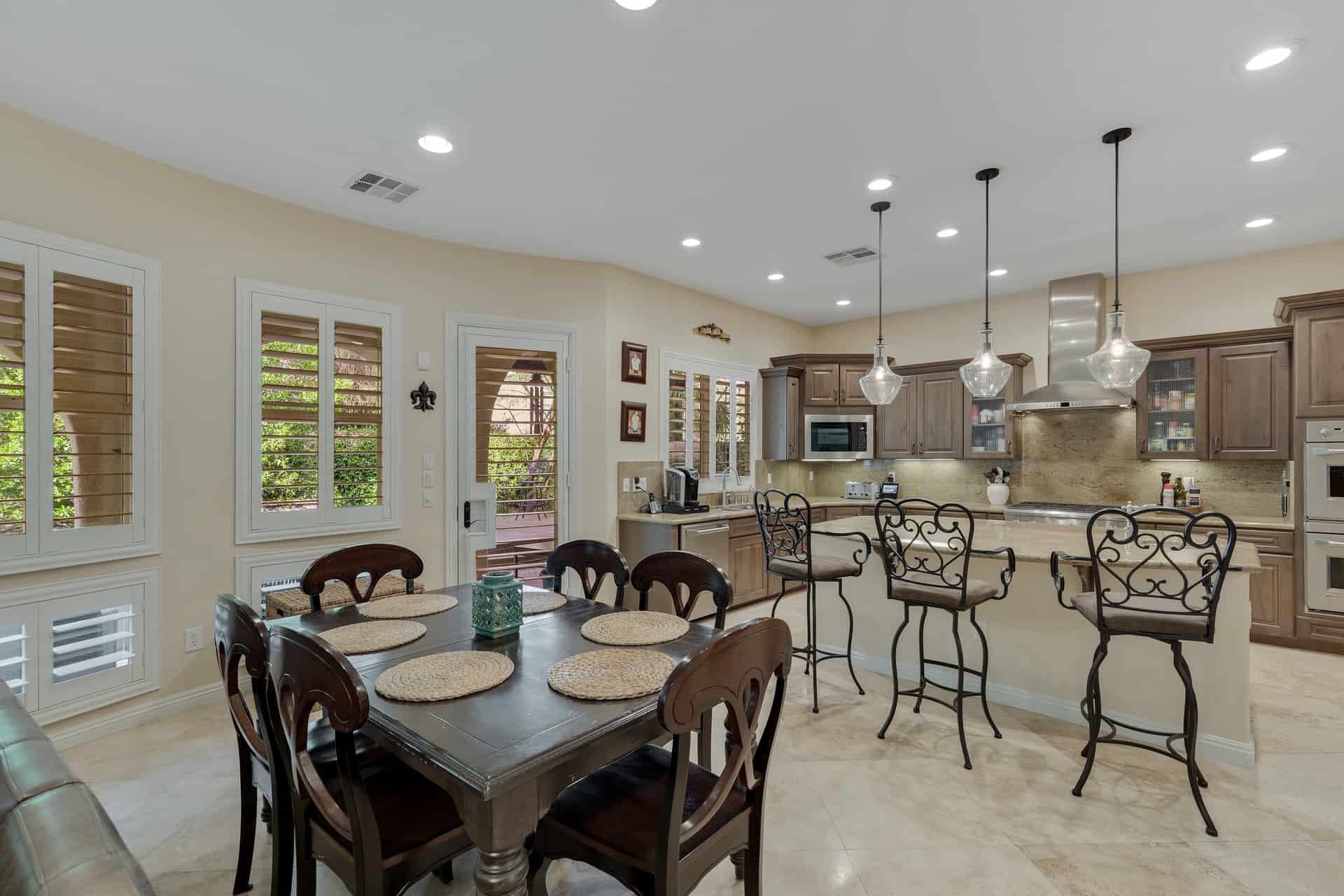 kitchen island and dining area