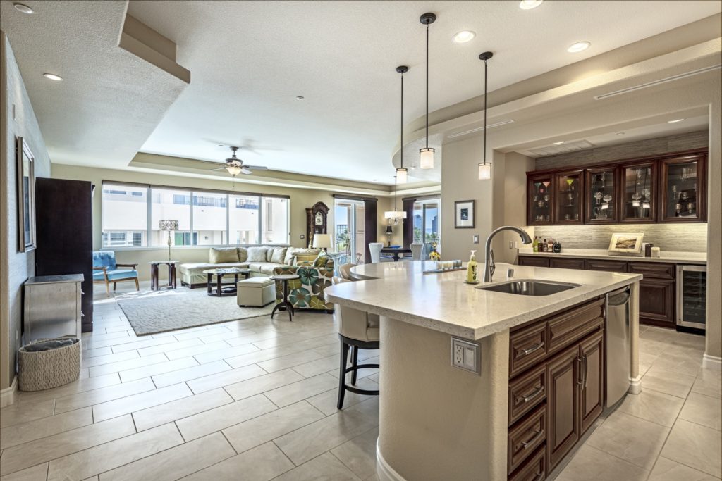 great room and kitchen island