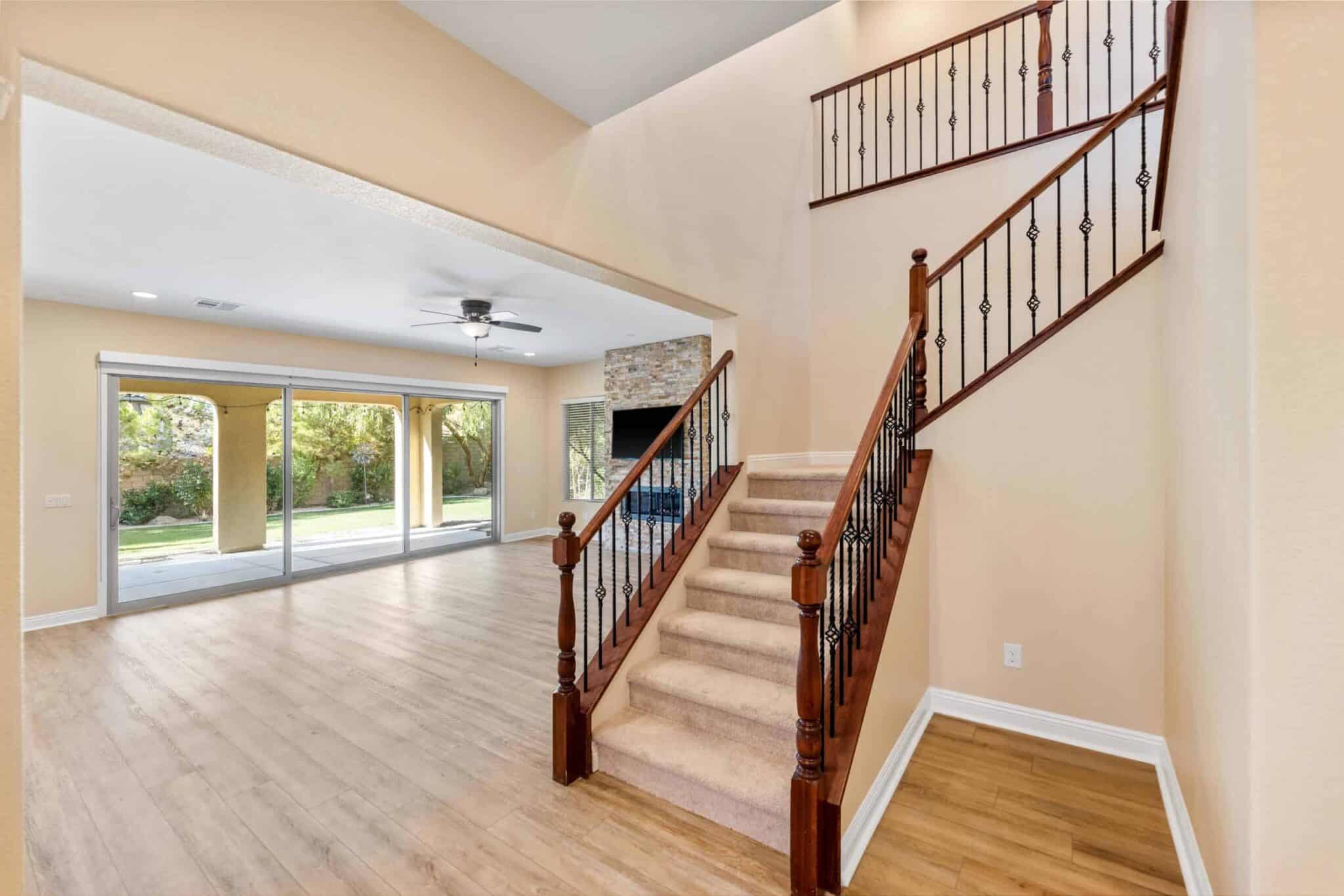 staircase and family room